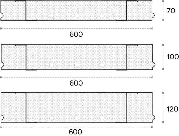 Trois épaisseurs de panneaux Plastabu : 70, 100 et 120 mm, largeur 600 mm