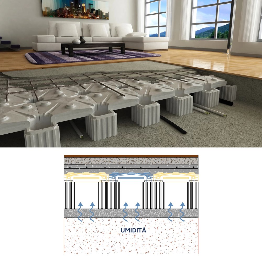 Installation AirCrab sous plancher d'un salon, avec schéma de ventilation contre l'humidité